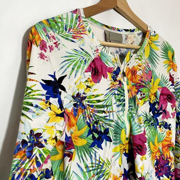 Athleta floral rashguard nylon long sleeved quarter zip top swimsuit women's L - Picture 2 of 6